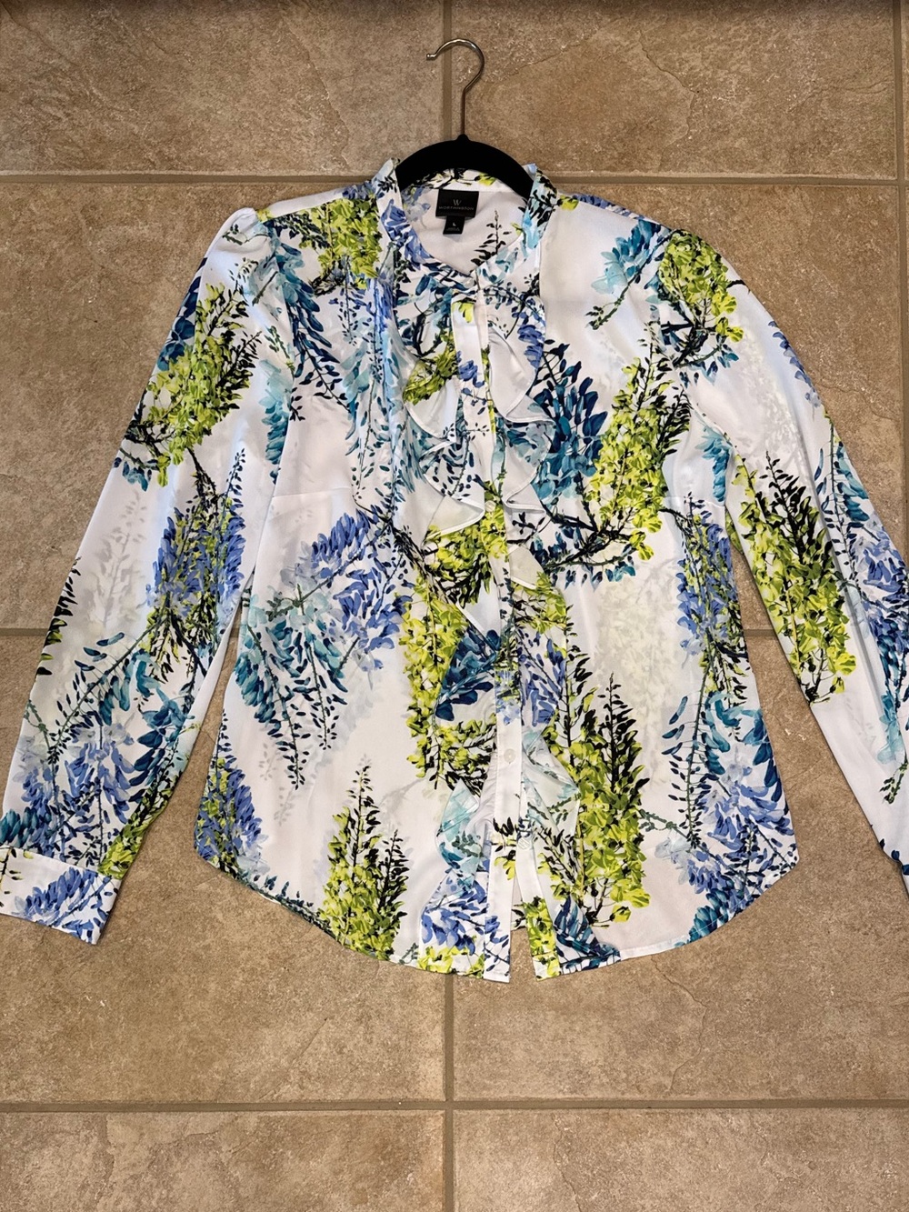 Worthington Floral Ruffle Blouse White & Blue